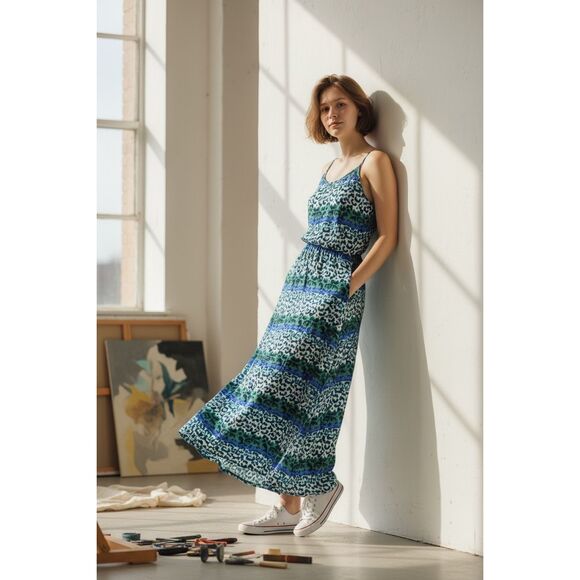 She's Cool Blue Multicolor Leopard Print Spaghetti Strap Summer Maxi Dress Small - Picture 1 of 8